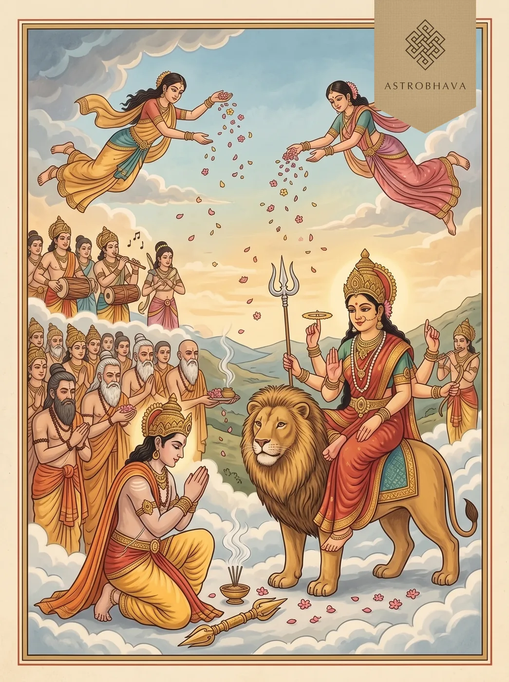 Durga Saptashati Chapter 4: Indra and the gods kneeling in praise before the Goddess on her lion, offering flowers and incense