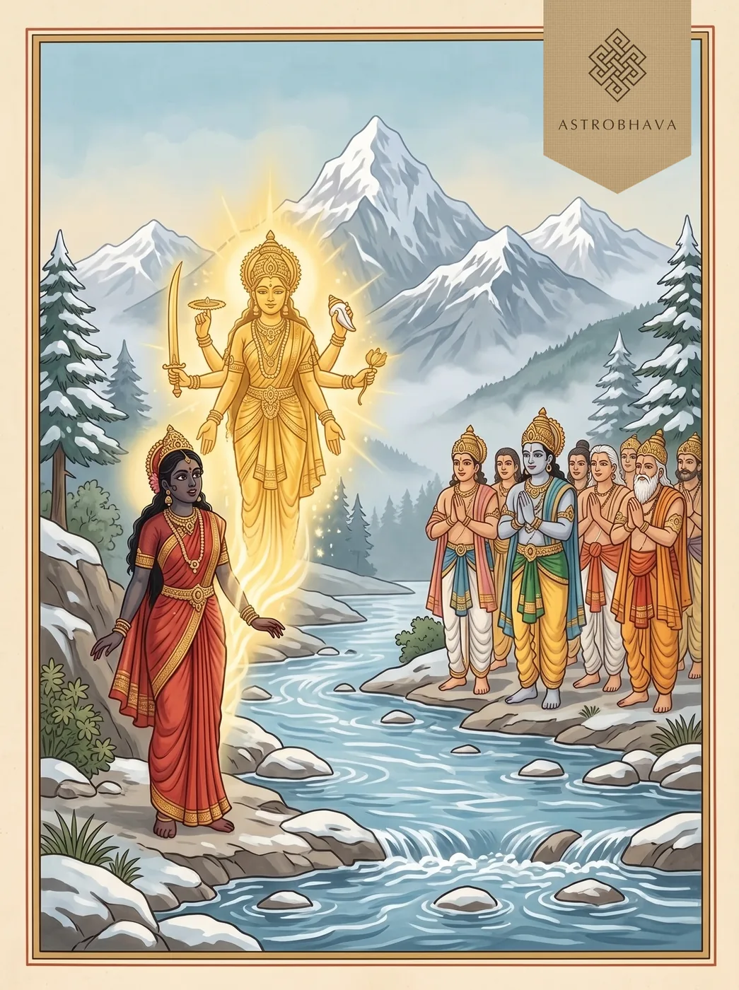 Durga Saptashati Chapter 5: Kaushiki rising radiant from Parvati's body by the Ganga as the gods sing praise on the Himalaya