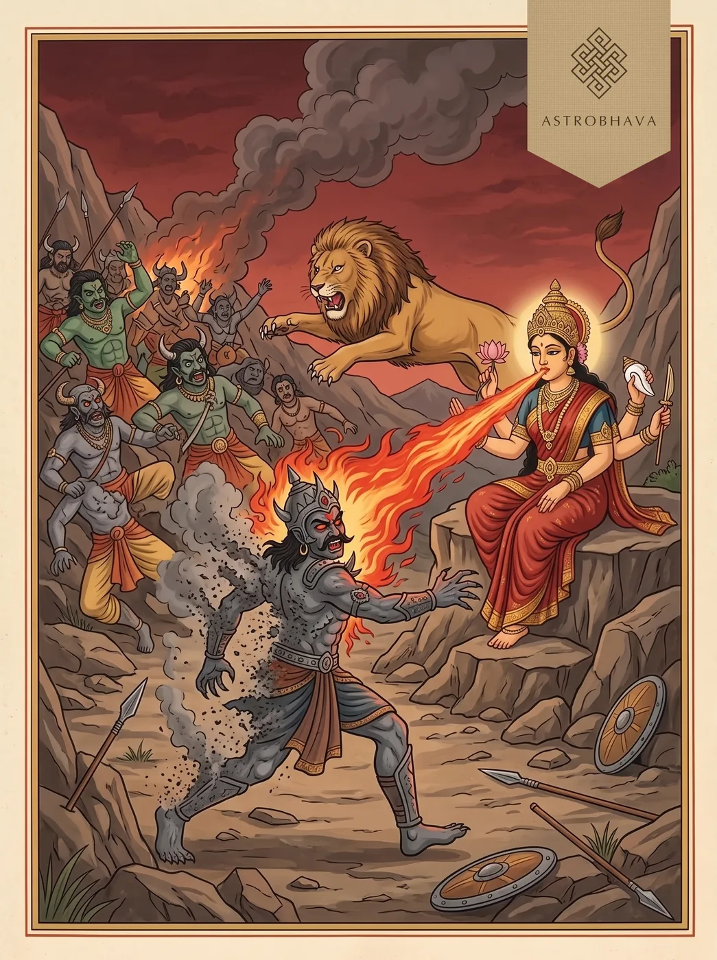 Durga Saptashati Chapter 6: the Goddess on her lion turning Dhumralochana to ash with a single sound as her lion scatters his army