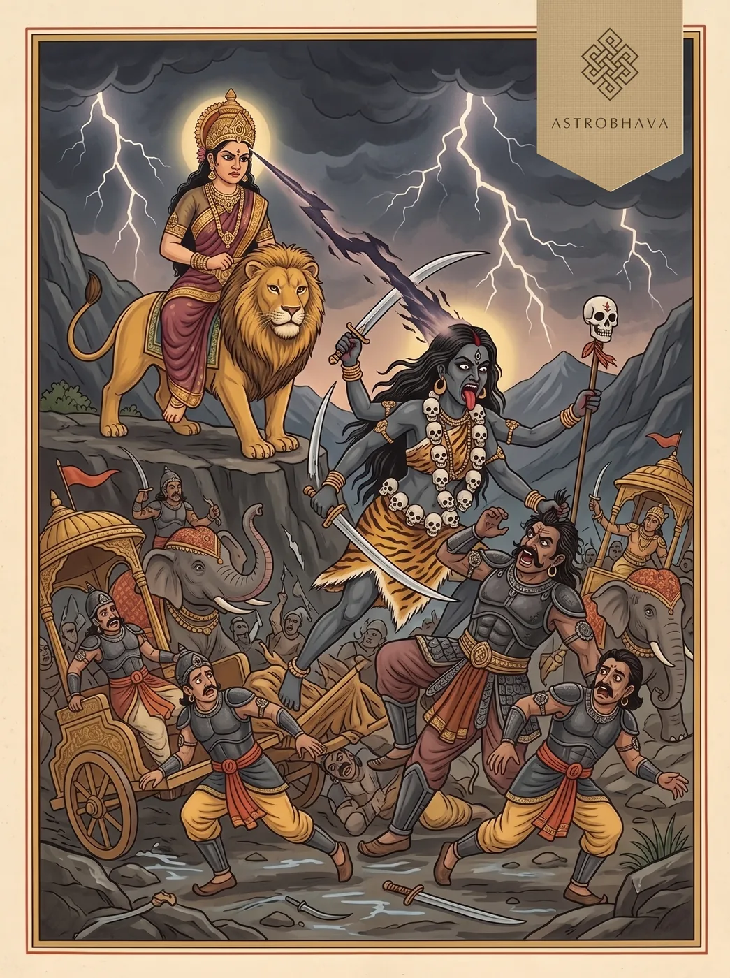 Durga Saptashati Chapter 7: Kali springing from the Goddess's brow and seizing the demon Chanda by the hair in battle