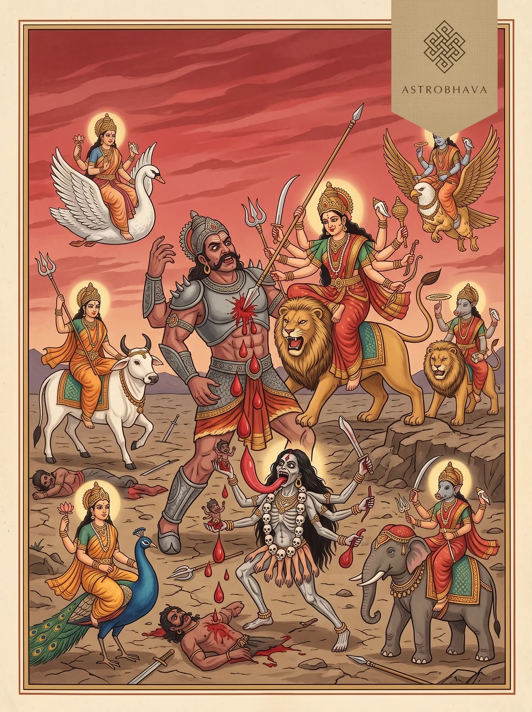 Durga Saptashati Chapter 8: Chamunda drinking Raktabija's blood before it falls as the Goddess and the seven Mothers fight
