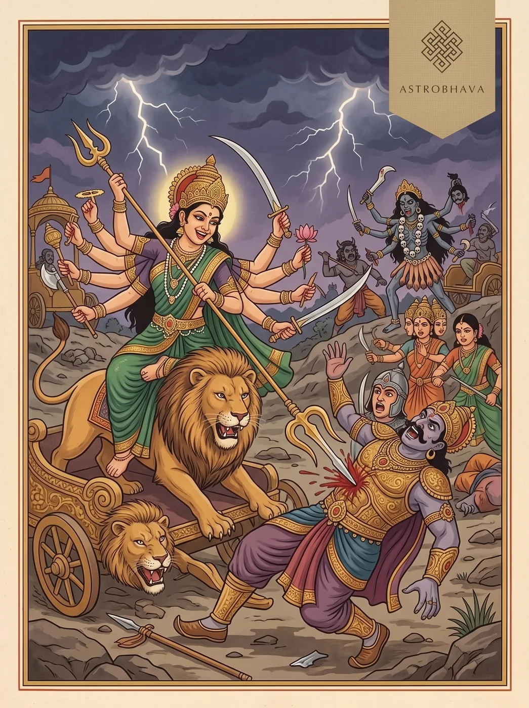 Durga Saptashati Chapter 9: the Goddess's trident through Nishumbha's heart as a second warrior bursts out and she raises her sword