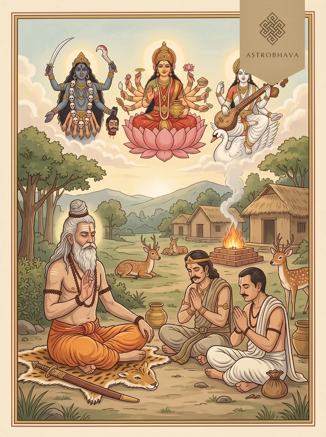Durga Saptashati: Sage Medhas teaching King Suratha and the merchant Samadhi in his forest ashram, the Goddess's three forms above