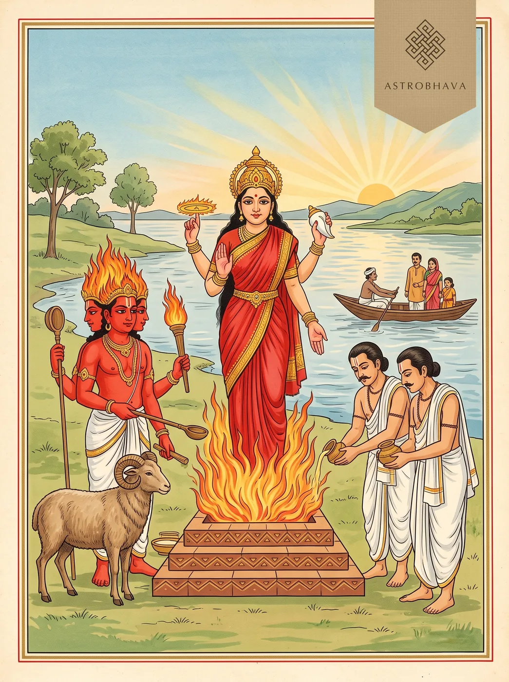 Durga Suktam: fire-coloured Durga rising from a Vedic fire beside Agni and his ram, a boat crossing the river