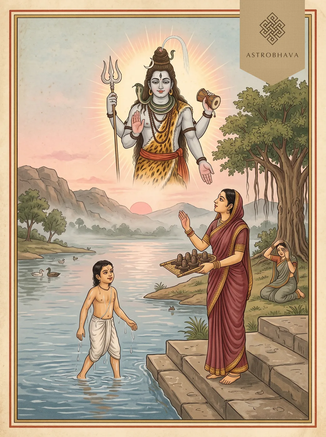 Dwadasha Jyotirlinga Stotram (12 Jyotirlinga): Ghushma at the lake with clay lingas as Shiva appears in light above the water