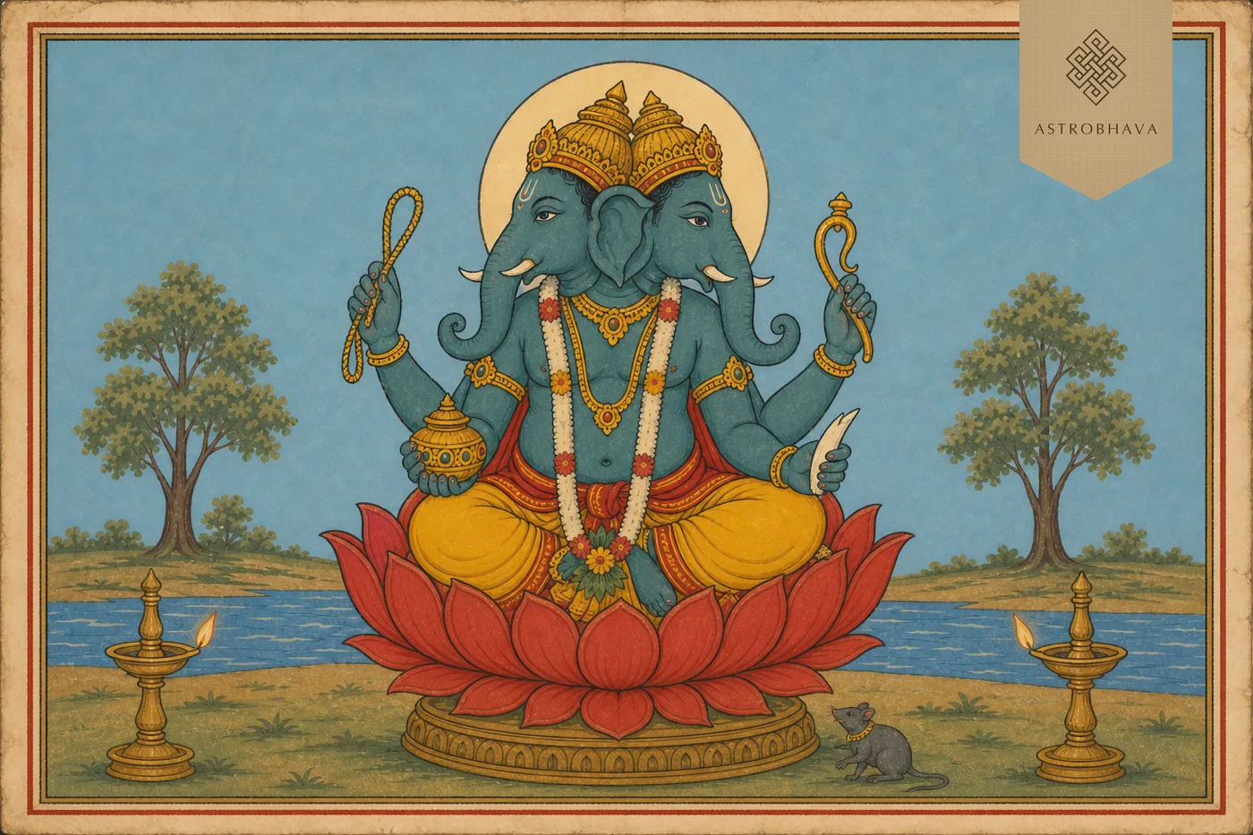 Vintage Indian devotional illustration of blue-green two-faced Dwimukha Ganapathi holding noose, goad, jewel pot and broken tusk