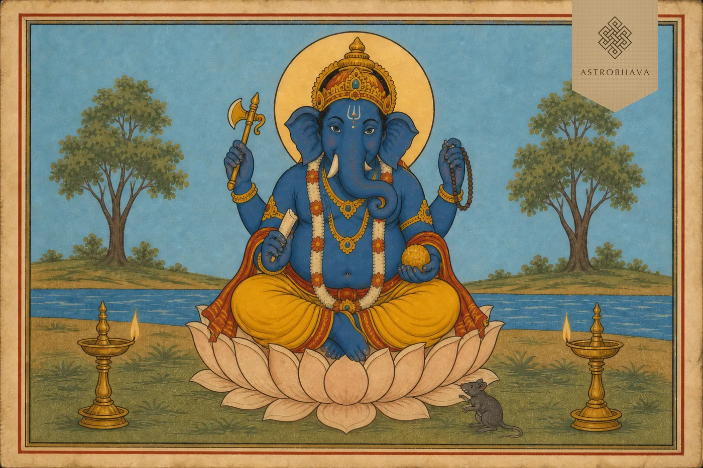 Vintage Indian devotional illustration of dark-blue Ekadanta Ganapathi with one intact tusk, broken tusk piece, axe, rosary and laddu