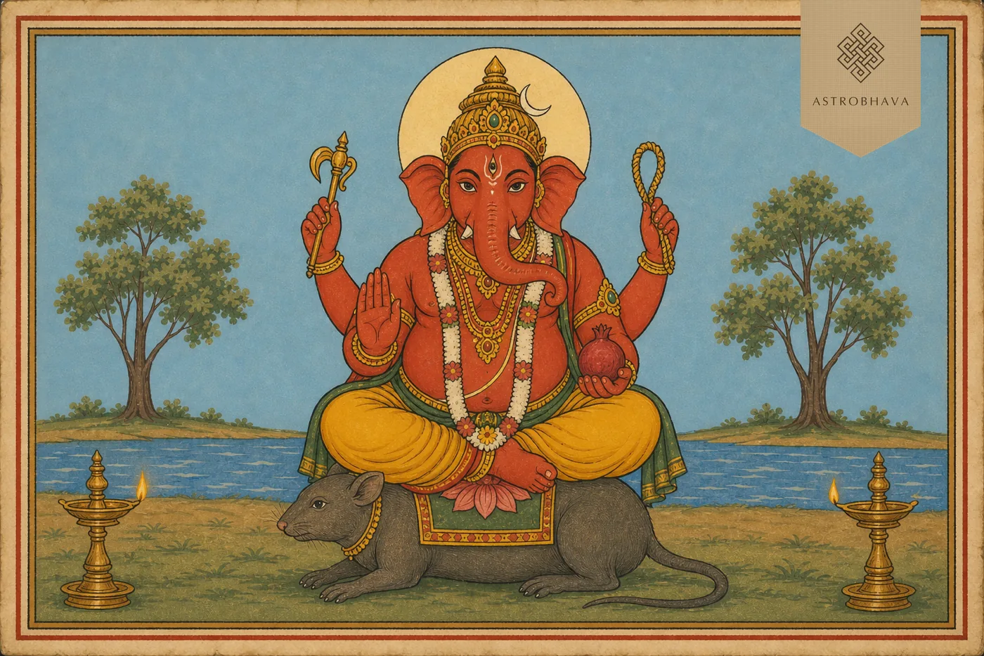 Vintage Indian devotional illustration of three-eyed red Ekakshara Ganapathi with crescent moon seated on a large mouse mount