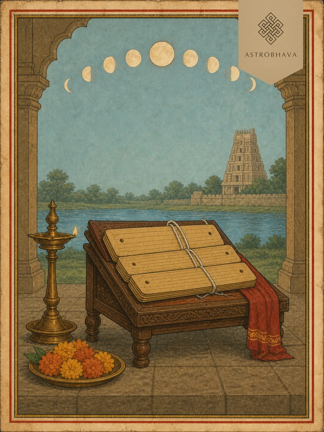 Vintage Indian lithograph illustration of a palm-leaf Hindu festival and tithi almanac with lunar phases, temple lamp, flowers, river and temple