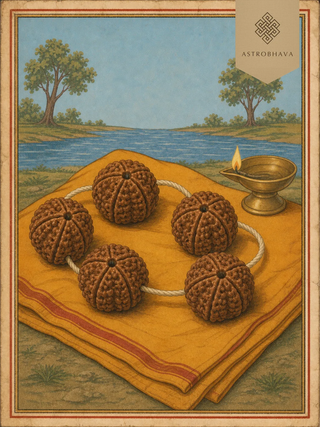 Vintage Indian lithograph close-up of five natural five-mukhi Rudraksha beads, each showing exactly five longitudinal faces, on an ochre cloth