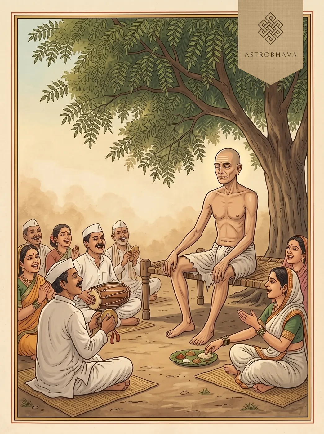 Gan Gan Ganat Bote: Gajanan Maharaj of Shegaon seated in meditation on a wooden cot as villagers sing and play cymbals around him