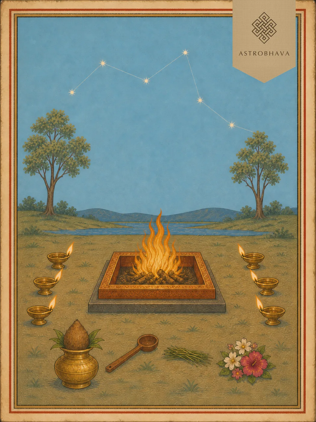 Gandmool Dosha Nivarana Homa for Gandmool dosha relief for a newborn: a fire altar beneath a starlit predawn sky