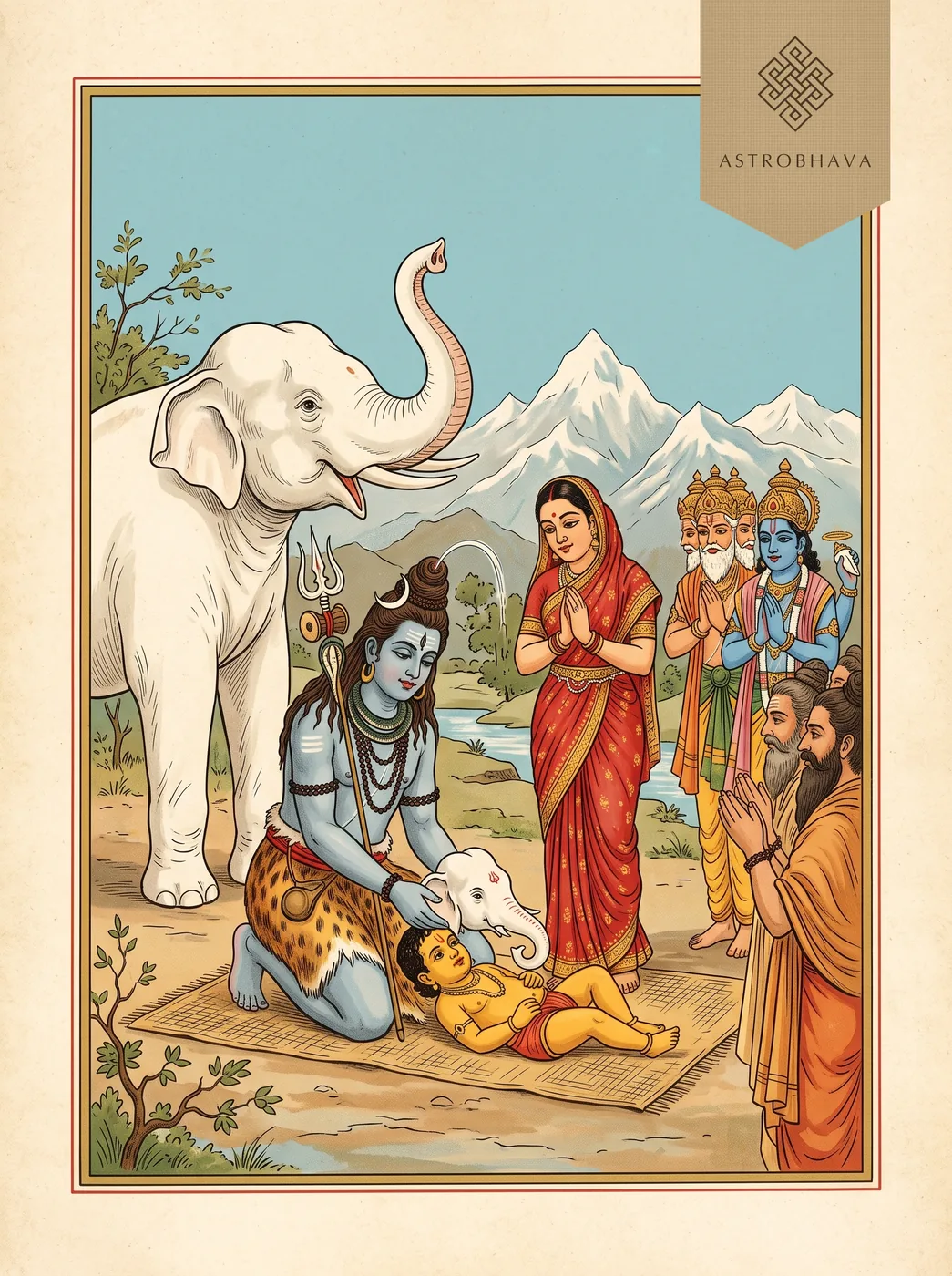Ganesh Chalisa: Lord Shiva placing the elephant head on the boy Ganesha as Parvati, Brahma and Vishnu watch
