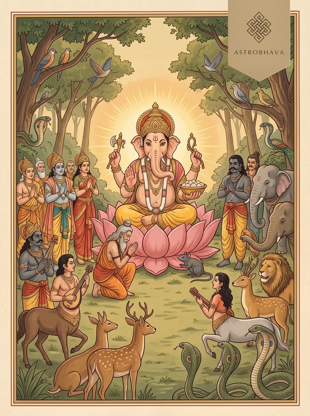 Ganesha Ashtakam: Ganesha appearing to the sage Kashyapa as gods, demons, beasts, birds and serpents sing to him together