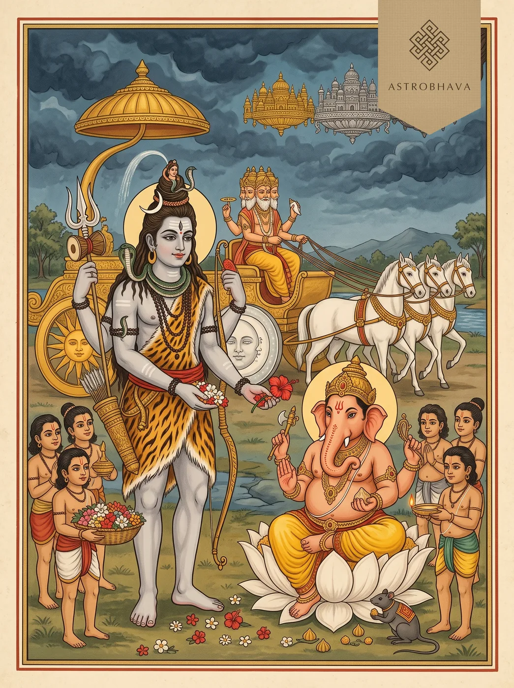 Ganesha Ashtottara Shatanamavali (108 Names of Ganesha): Shiva offering flowers to Ganesha as the cities of Tripura gather