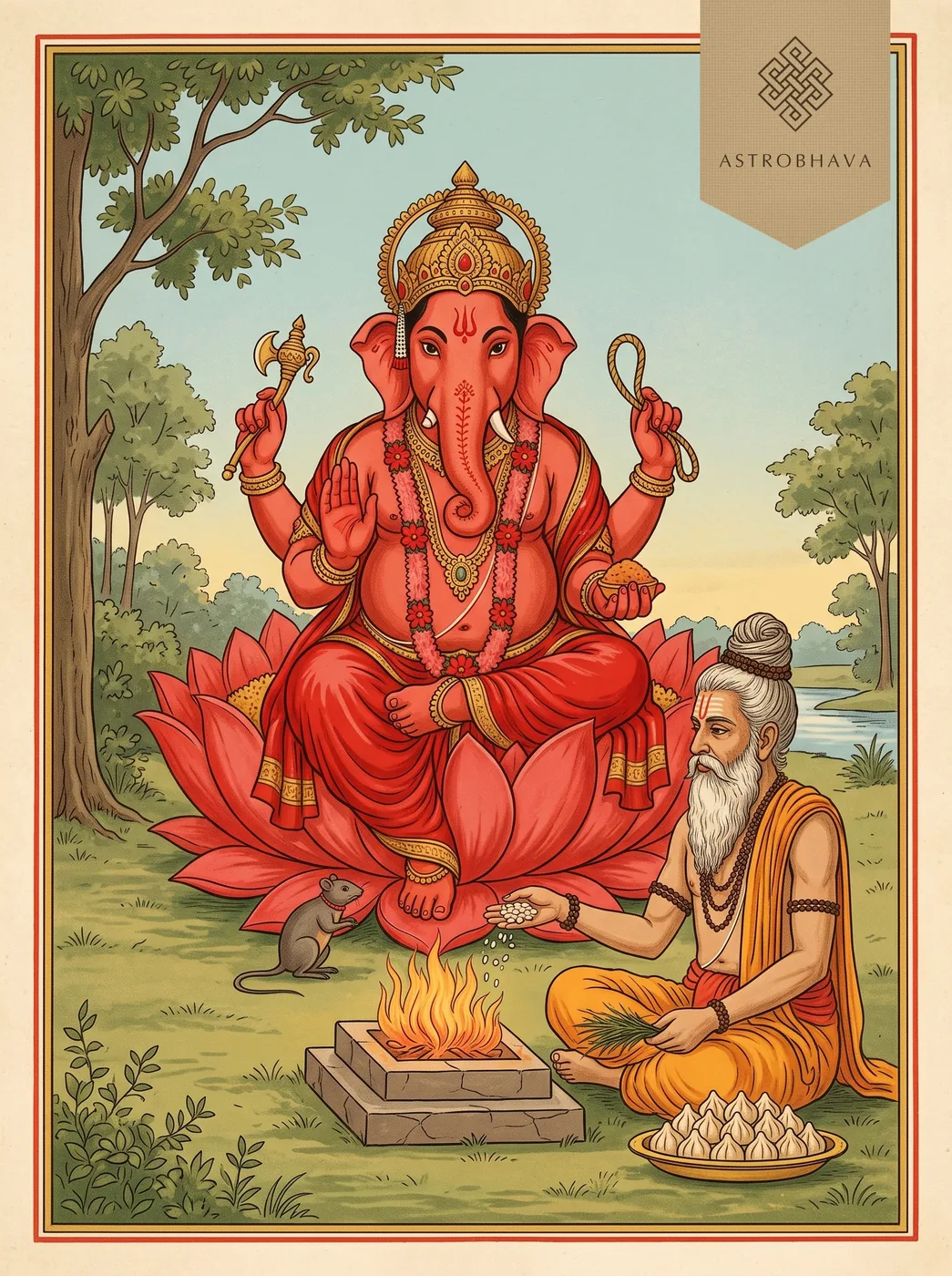 Ganesha Atharvashirsha (Ganesh Atharvashirsha): red four-armed Ganesha as a Vedic seer offers durva grass and modakas