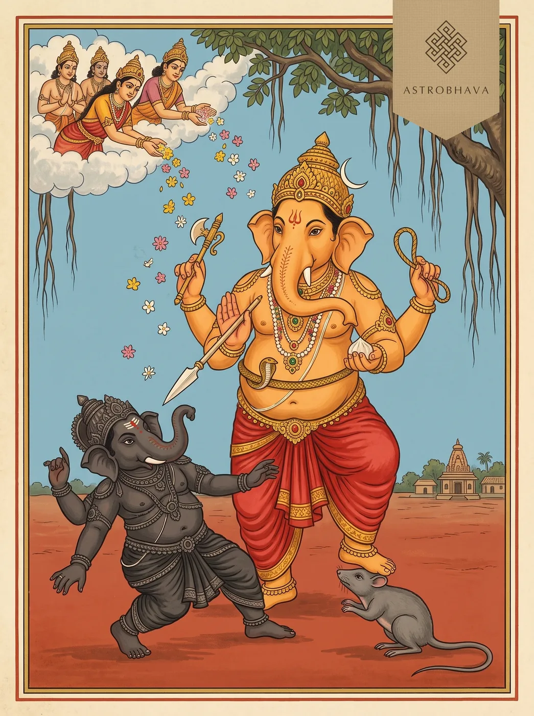 Ganesha Pancharatnam: Ganesha hurling his broken tusk at the demon Gajamukhasura, who shrinks into a mouse