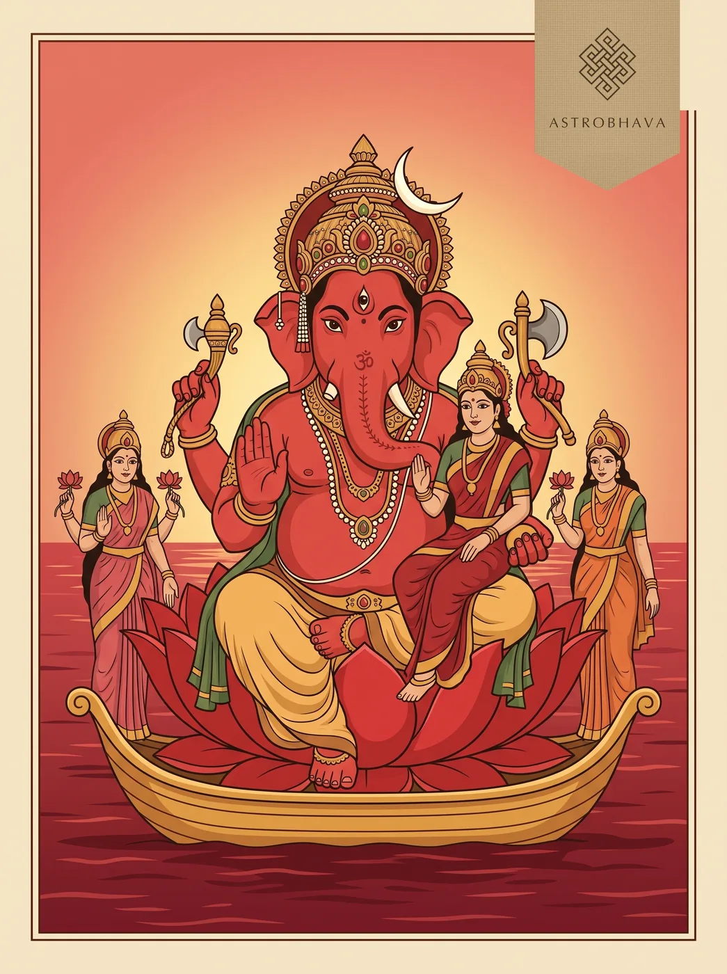 Ganesha Sahasranama: red three-eyed Ganesha on a red lotus in a boat on an ocean of red, with his Shakti, Siddhi and Buddhi