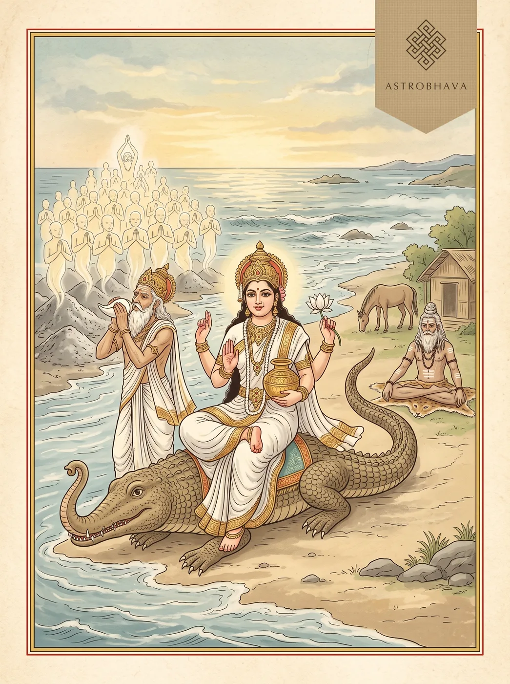 Ganga Aarti: Ganga on her makara following King Bhagiratha to the sea, lifting the sons of Sagara from their ashes