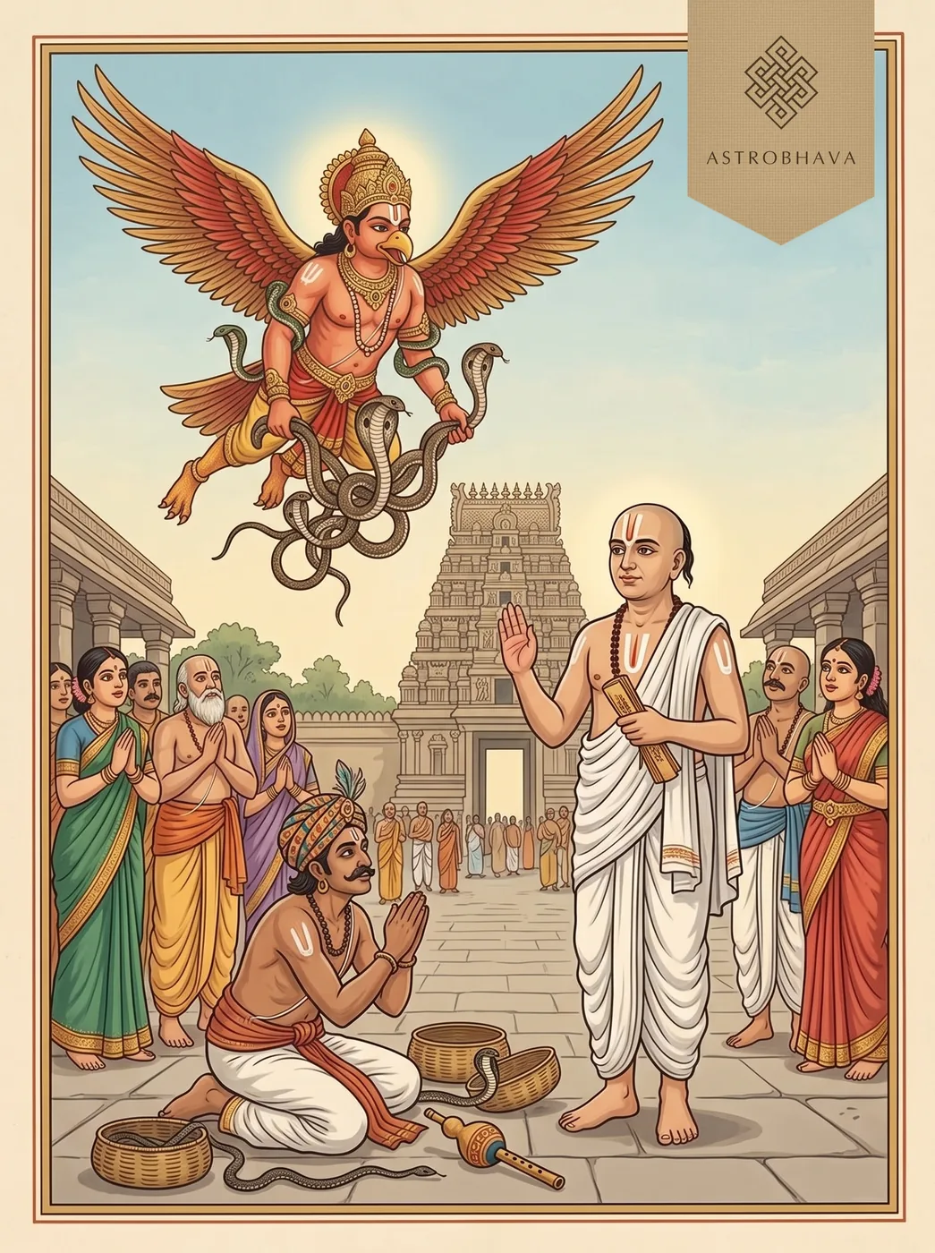 Garuda Mantra: Garuda swooping down to carry away the serpents as Vedanta Desika recites and the snake charmer bows at his feet