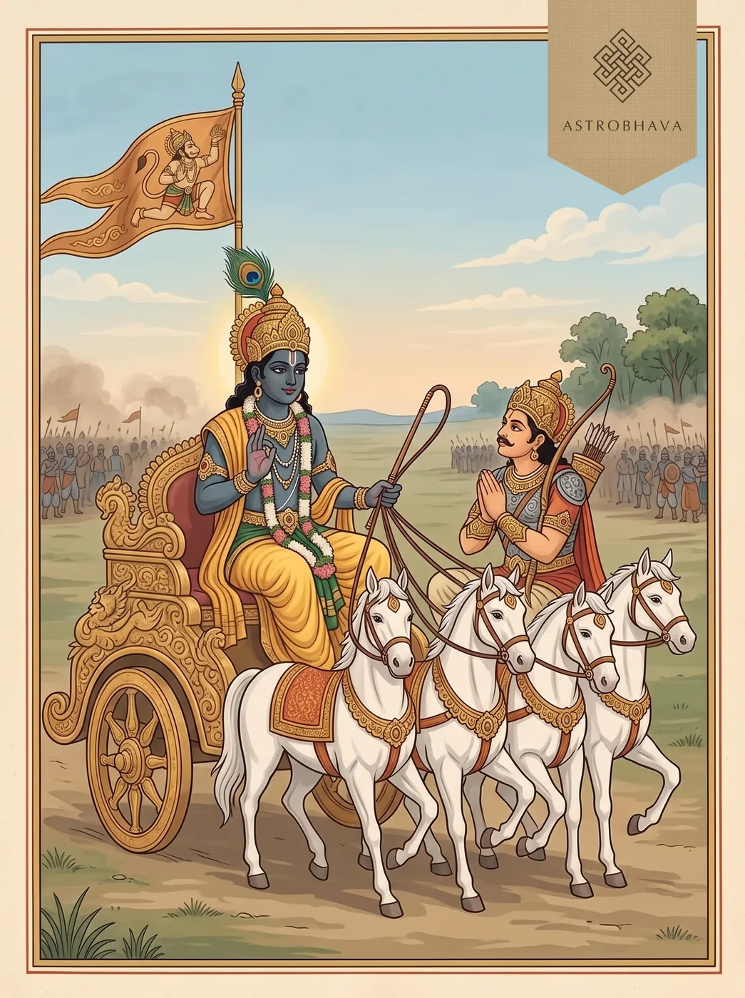 Gita Dhyanam: Krishna as charioteer, holding the whip and showing the gesture of knowledge, as Arjuna listens with his bow laid down