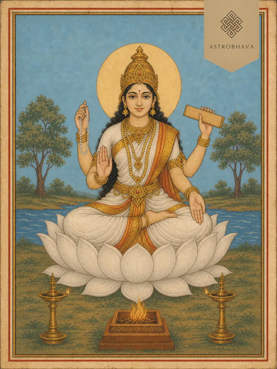 Vintage devotional illustration of four-armed Goddess Avahanthi with a manuscript, rosary and Homa altar