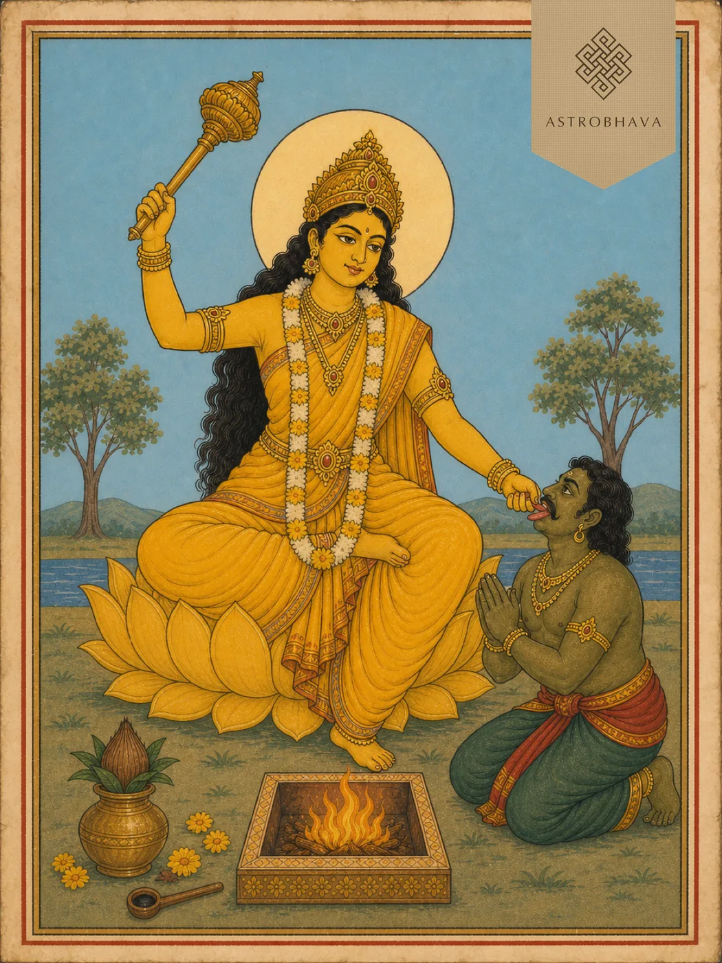 Bagalamukhi Homa for legal cases: golden Goddess Bagalamukhi holding a club