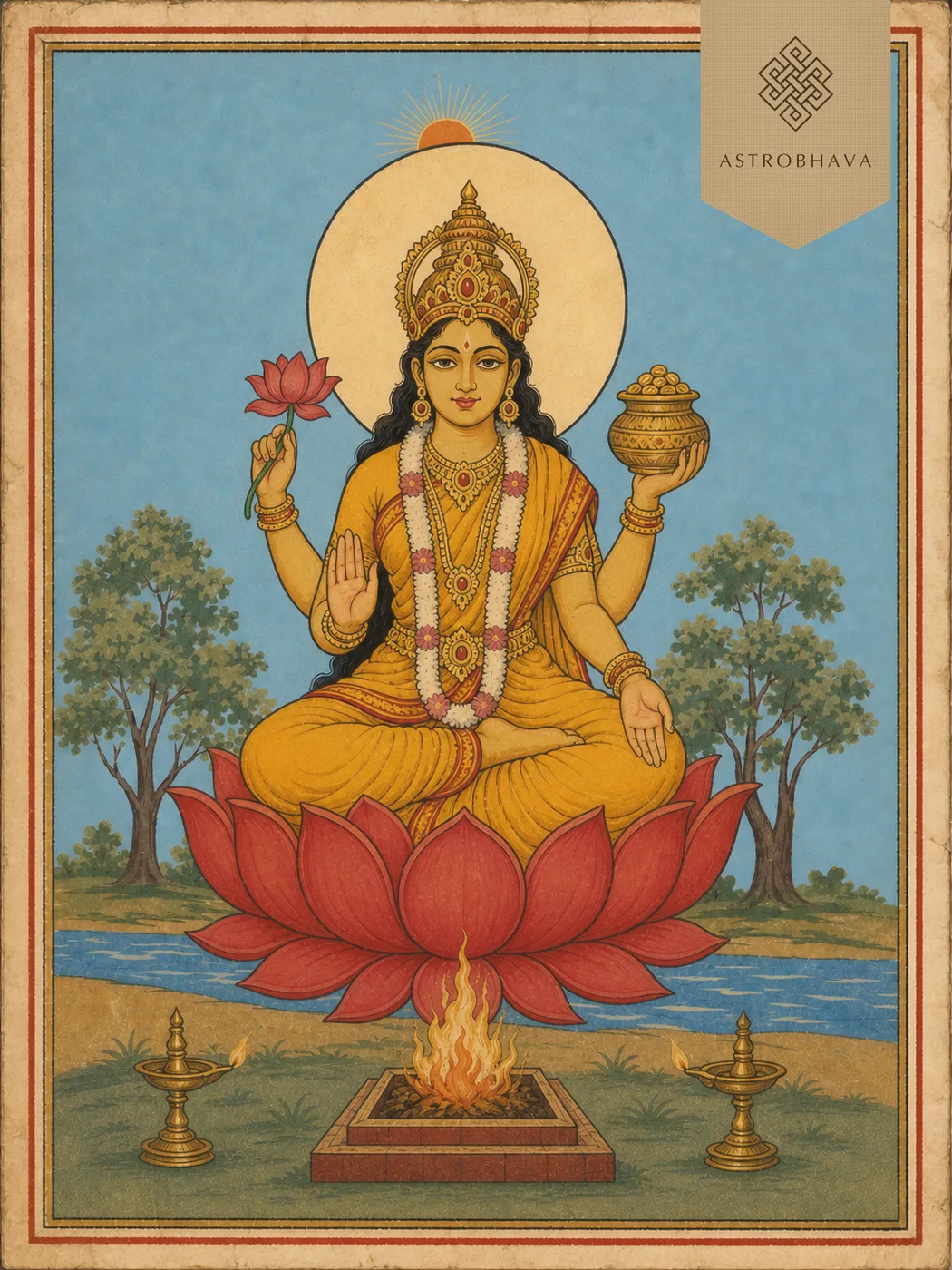 Vintage devotional illustration of four-armed Goddess Bhagya Devi with lotus and kalasha above a Homa fire