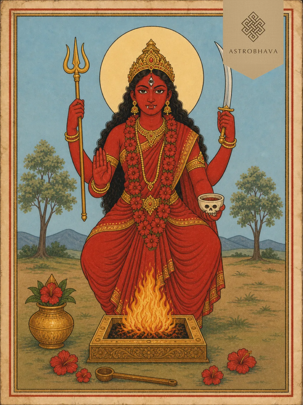 Bhairavi Homa for business growth: red-complexioned Goddess Bhairavi with trident, sword and kapala
