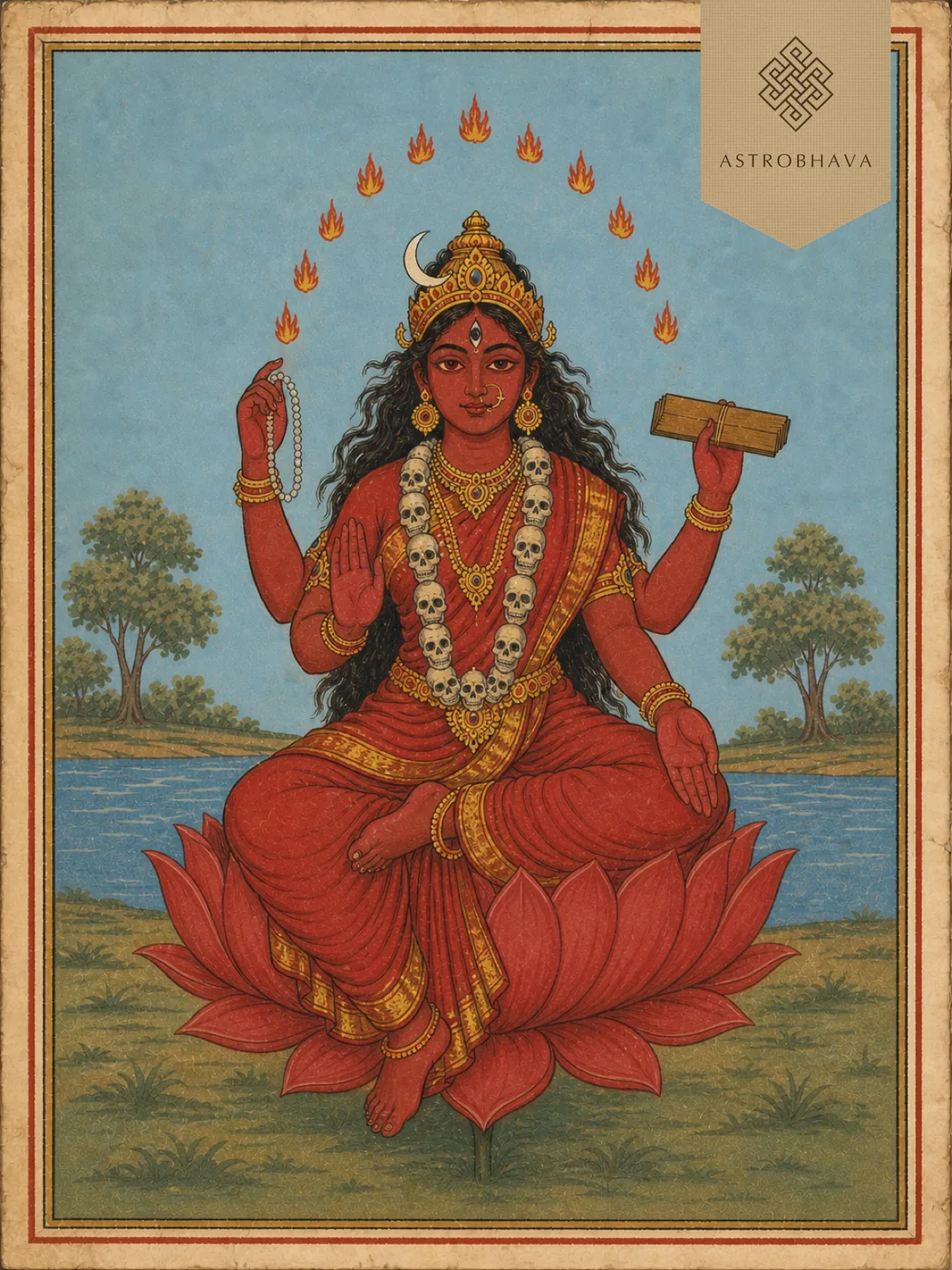 Vintage devotional illustration of four-armed Goddess Bhairavi seated on a red lotus