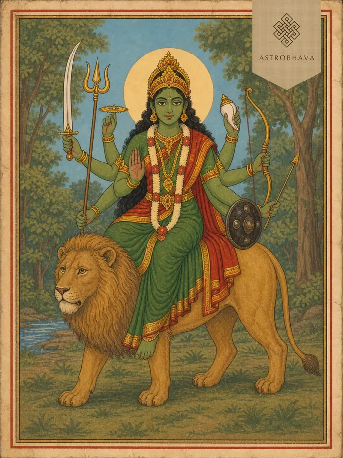 Vintage devotional illustration of eight-armed Goddess Chandi Durga seated on a lion in a forest
