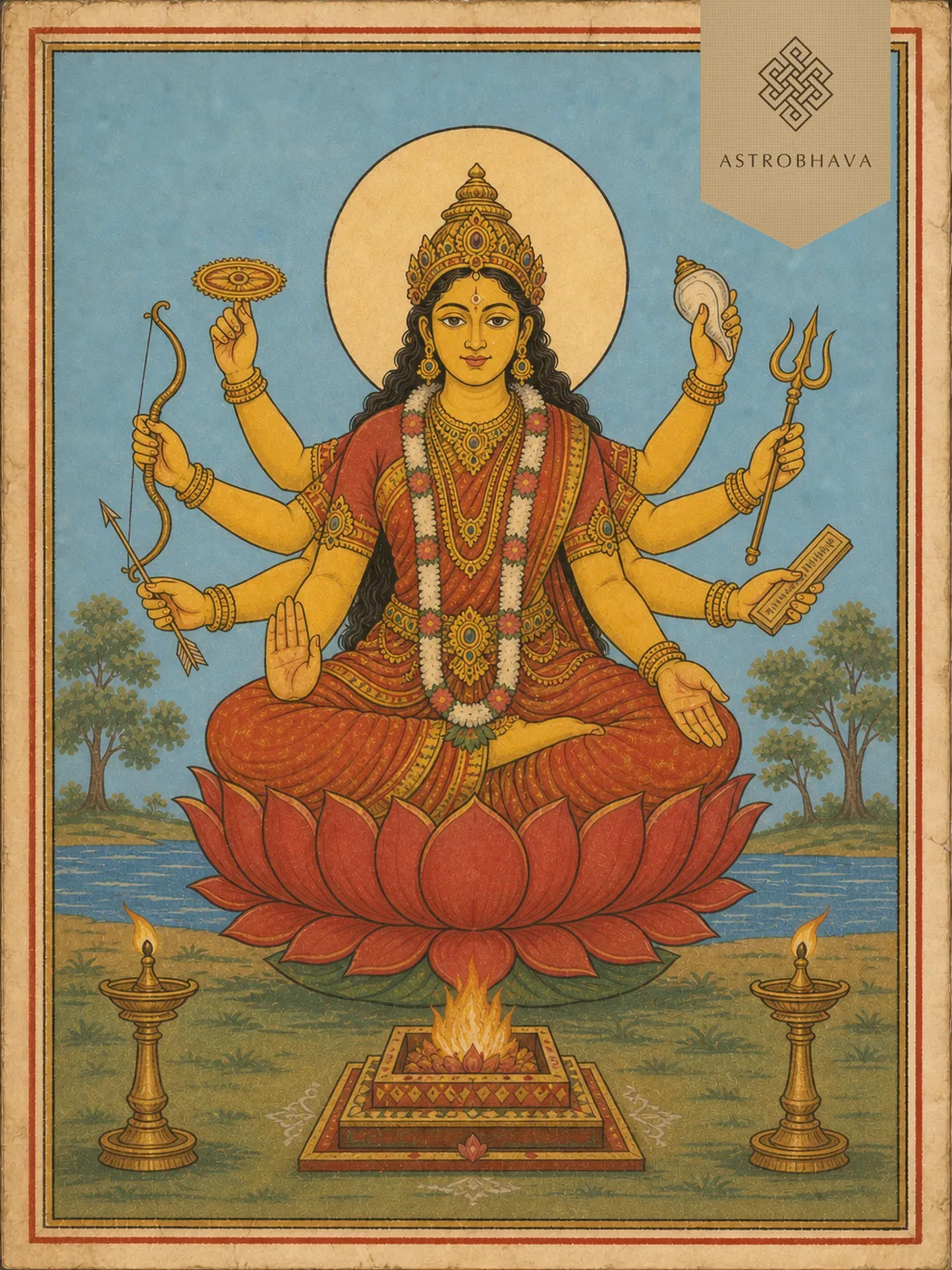 Vintage devotional illustration of eight-armed Goddess Dhairya Lakshmi seated on a red lotus above a Homa fire