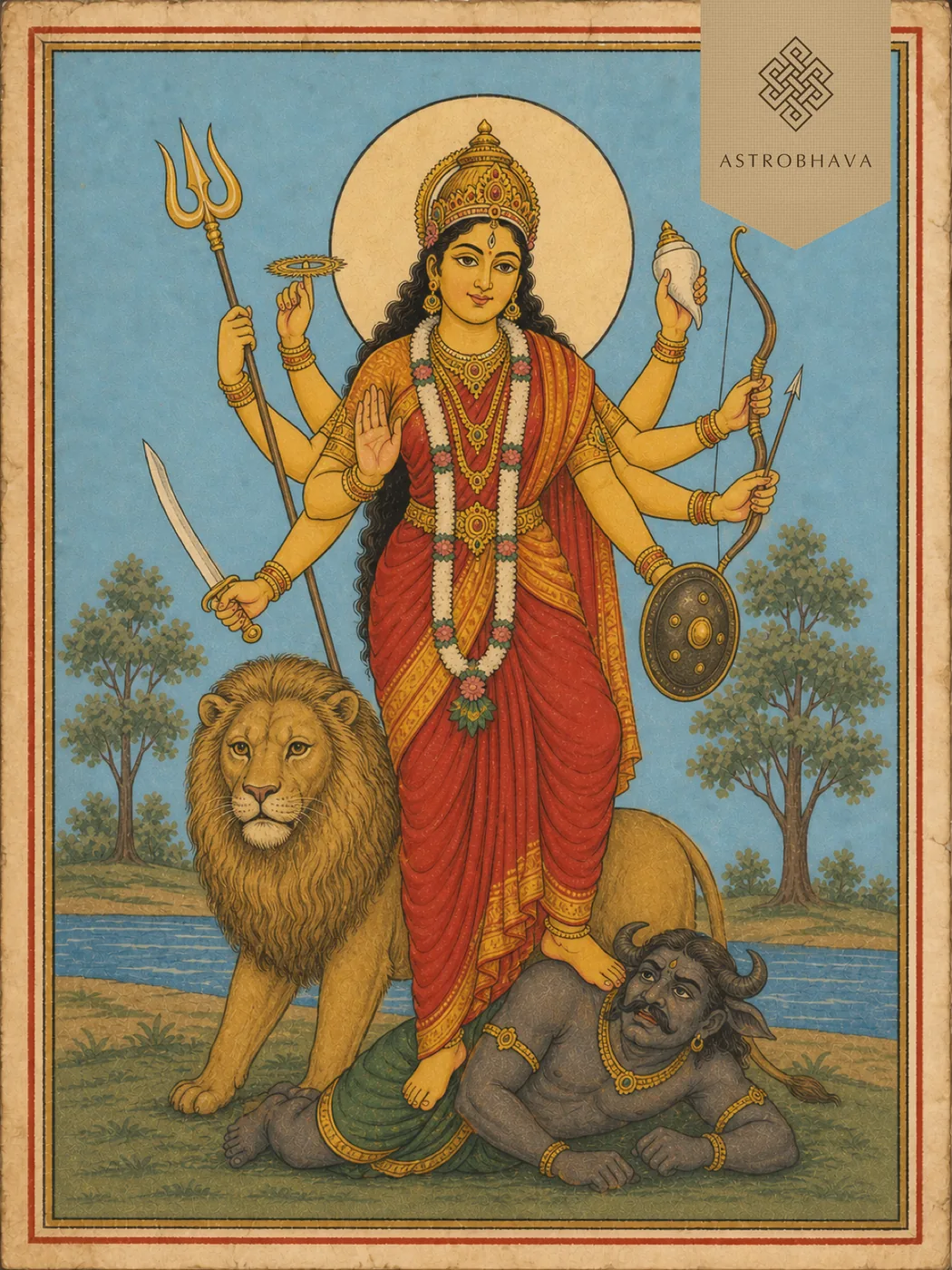 Vintage devotional illustration of eight-armed Goddess Durga with her lion and subdued Mahishasura