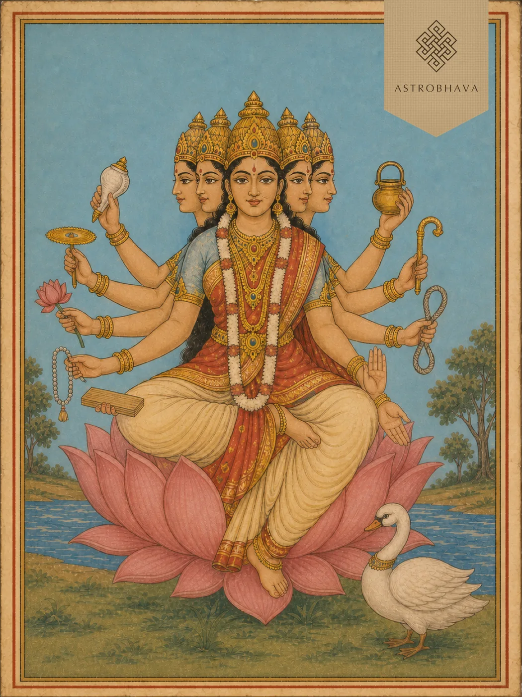 Vintage devotional illustration of five-faced ten-armed Goddess Gayatri Devi seated on a lotus with a swan