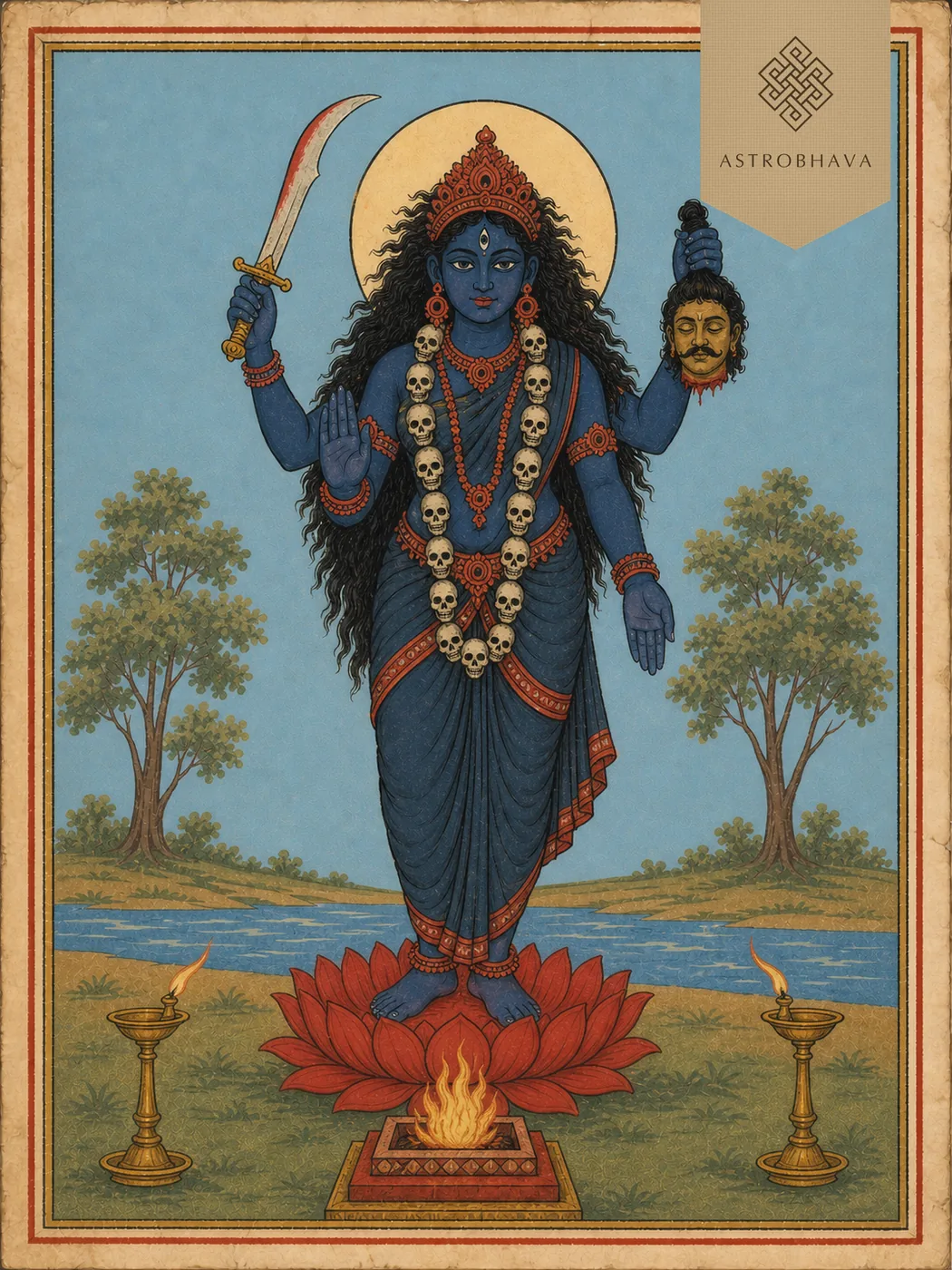Vintage devotional illustration of four-armed Goddess Kali in a protective non-graphic form above a Homa fire