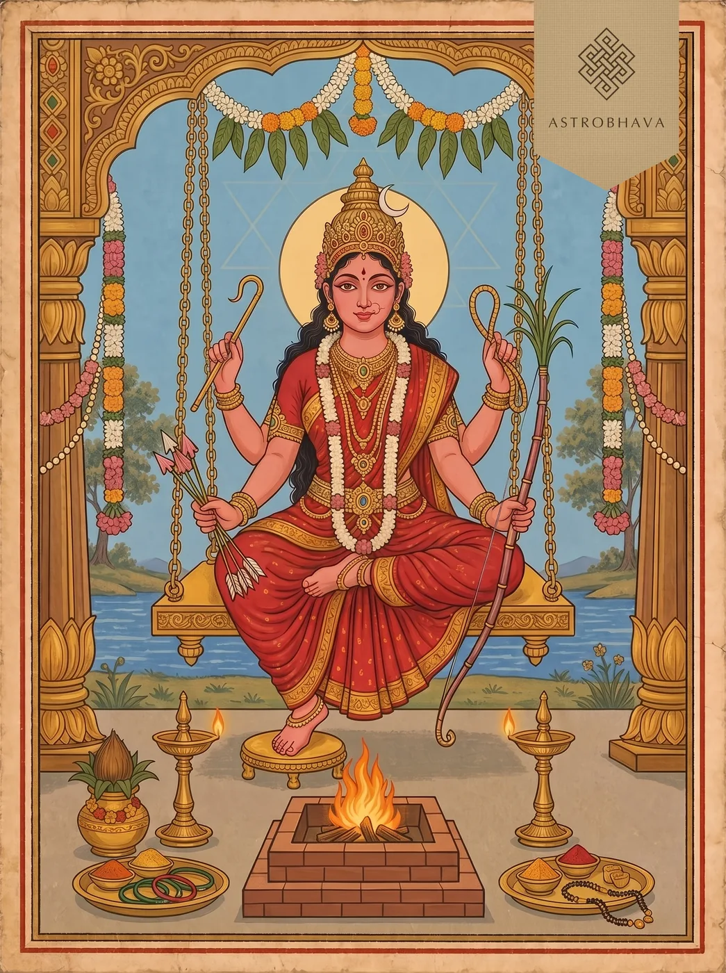 Sowbhagya Panchadasi Homam for marriage: Goddess Lalita as Kameshwari on a golden swing, with bangles and a mangalsutra