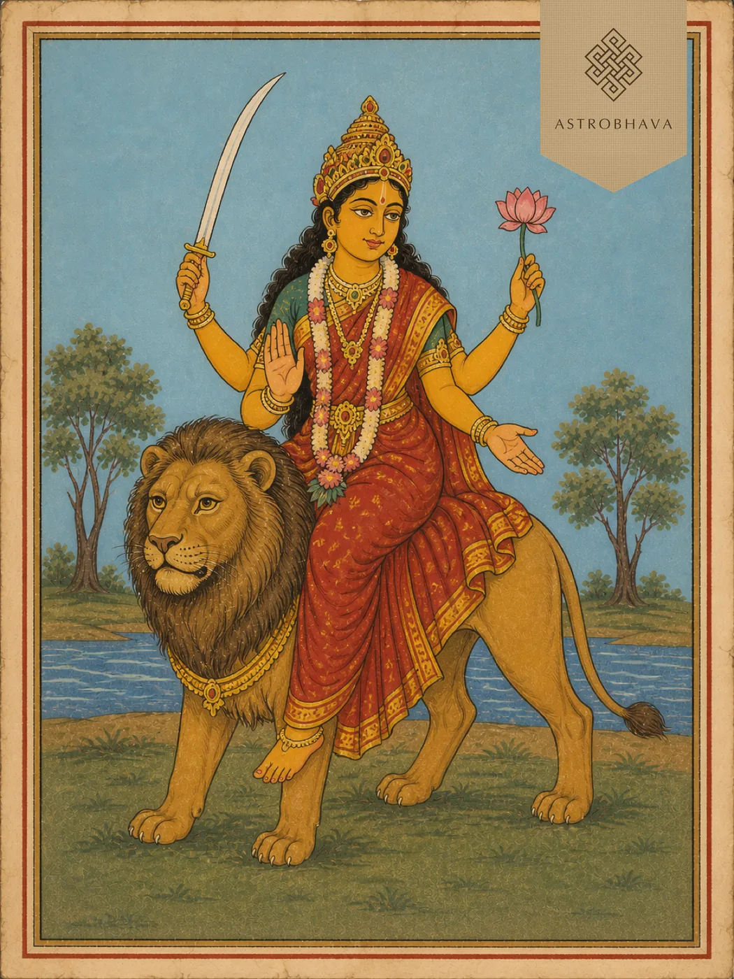 Vintage devotional illustration of four-armed Goddess Katyayani holding a sword and lotus on a lion