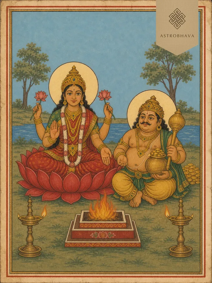 Vintage devotional illustration of Goddess Lakshmi seated beside Lord Kubera above a Homa fire