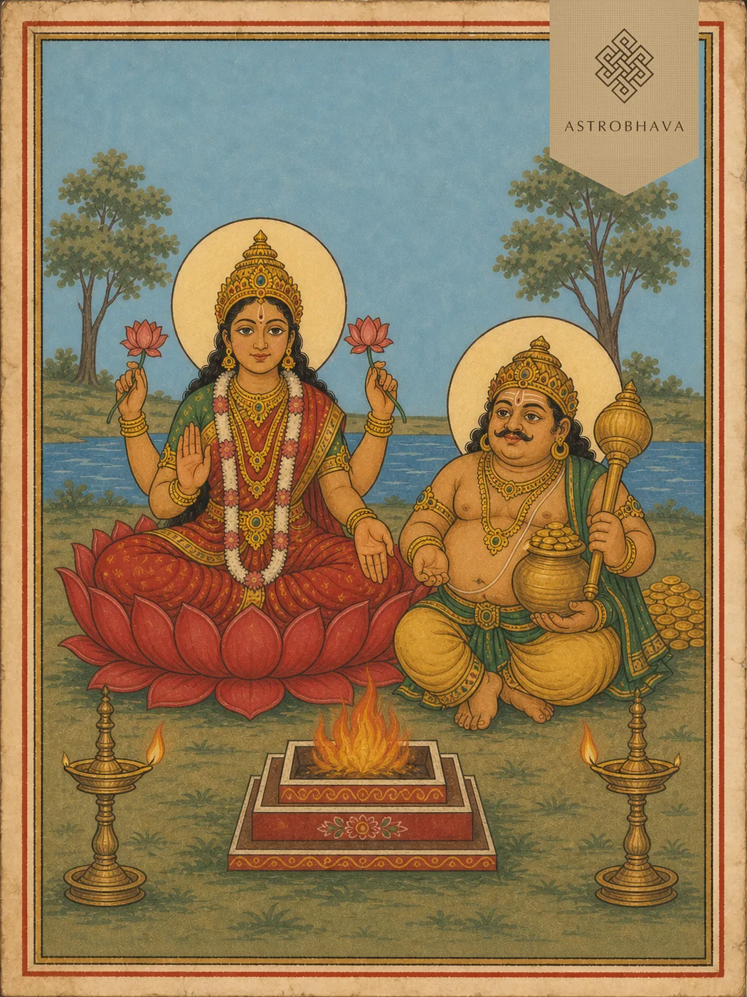 Vintage devotional illustration of Goddess Lakshmi seated beside Lord Kubera above a Homa fire