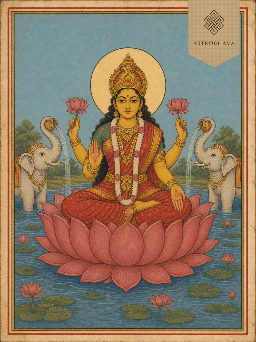 Vintage devotional illustration of four-armed Goddess Lakshmi Mahalakshmi on a lotus with two white elephants