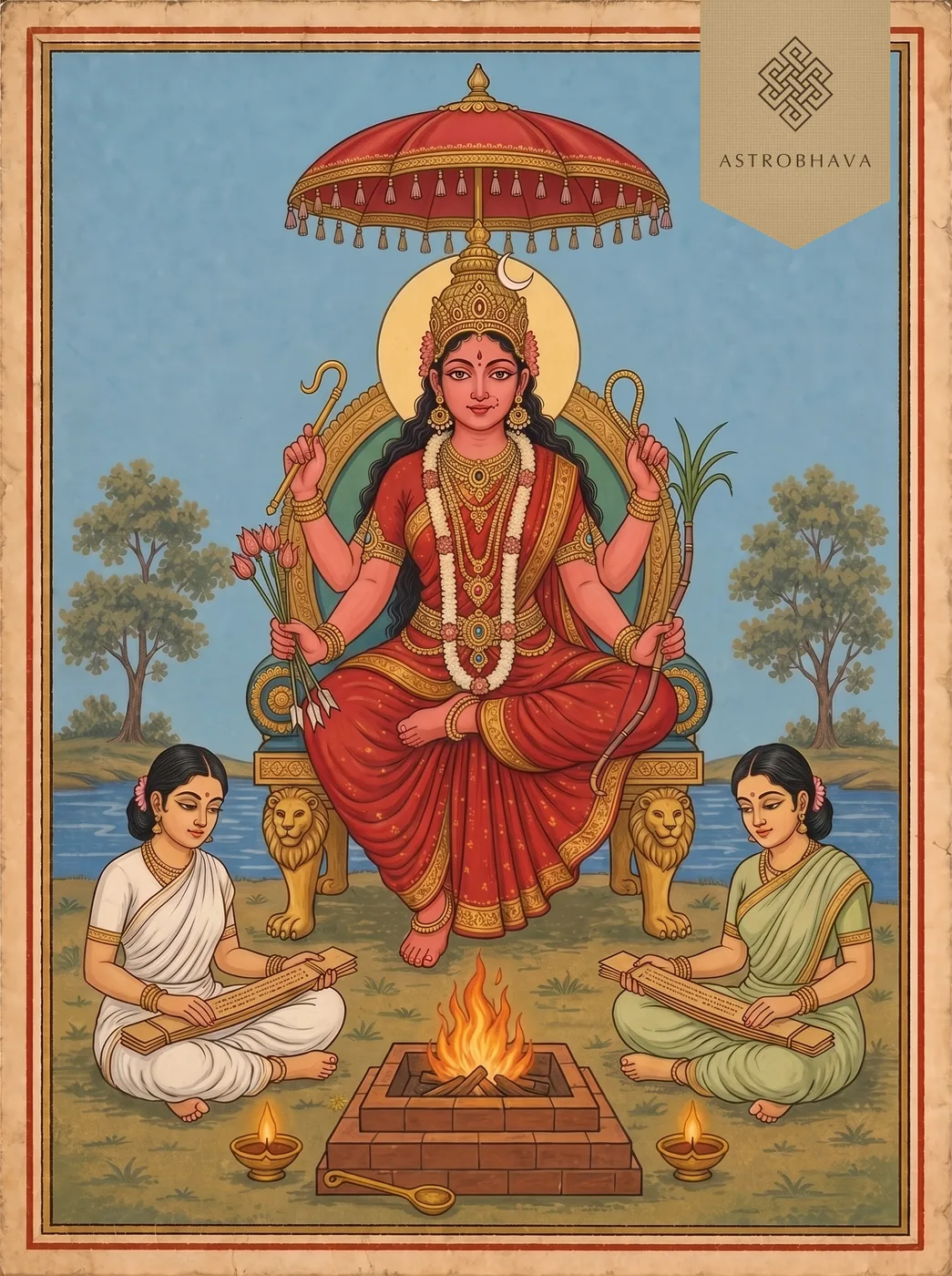 Lalita Sahasranama Homa for devotion to the Divine Mother: Goddess Lalita enthroned as two Vak Devis read her names