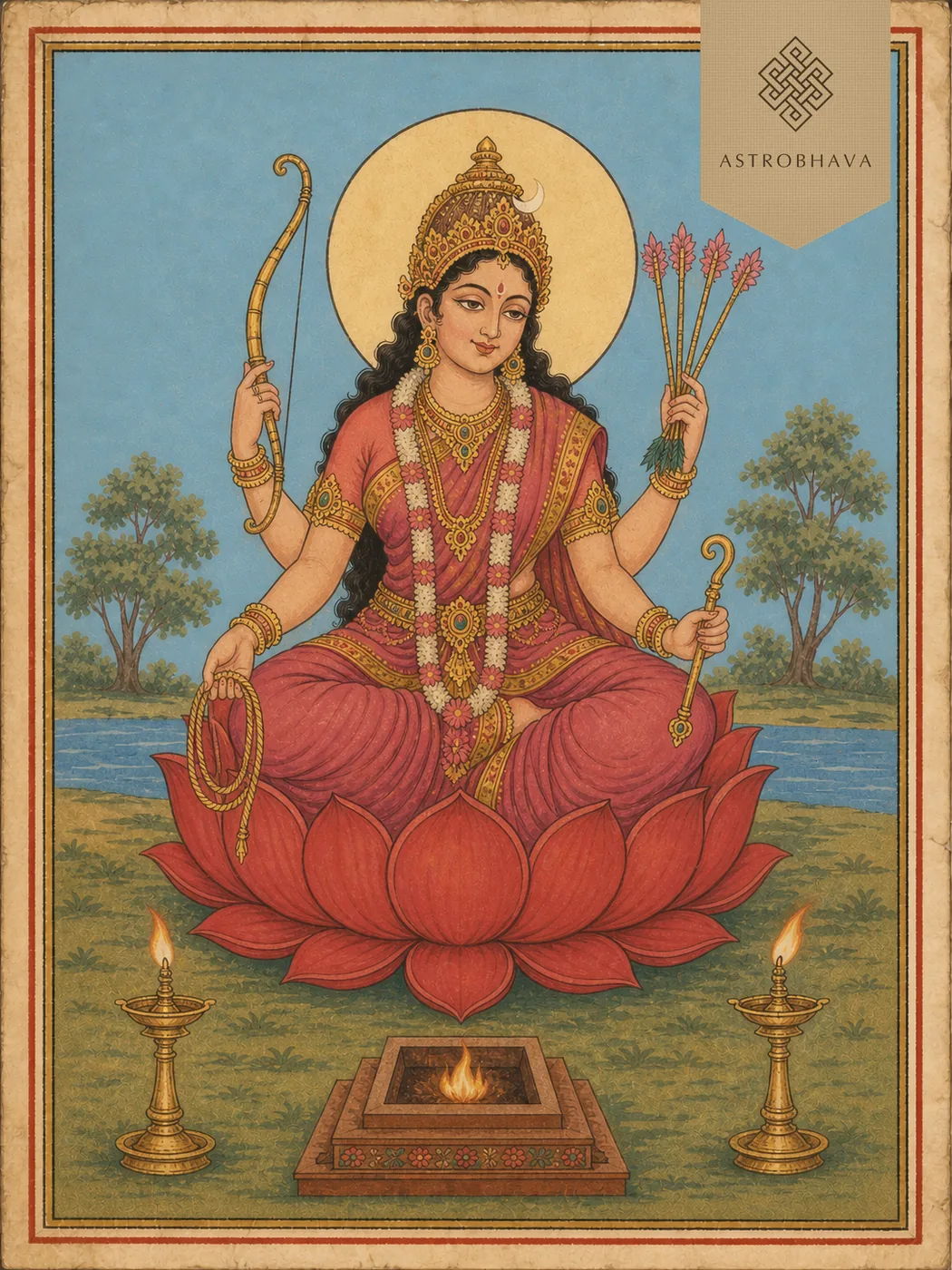 Vintage devotional illustration of four-armed Goddess Madana Kameshwari with sugarcane bow and flower arrows