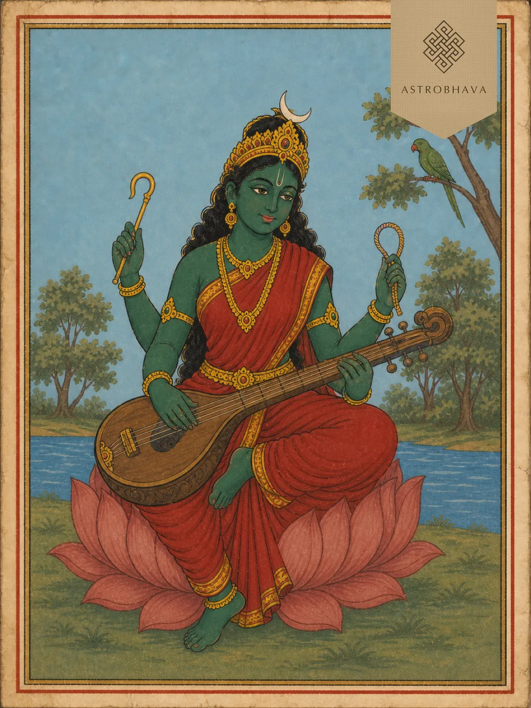 Vintage devotional illustration of four-armed green Goddess Matangi playing a veena with a parrot nearby