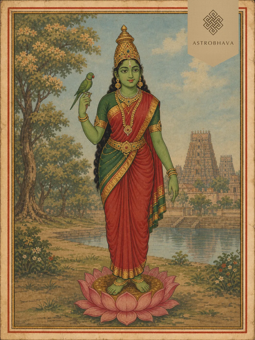 Vintage devotional illustration of green-complexioned Goddess Meenakshi holding a parrot beside a temple tank in Madurai