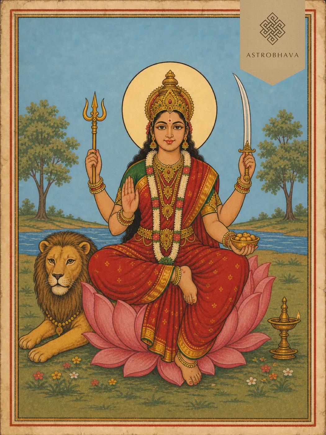 Vintage devotional illustration of four-armed Goddess Santoshi Mata with trident, sword, offering bowl and lion beside a river