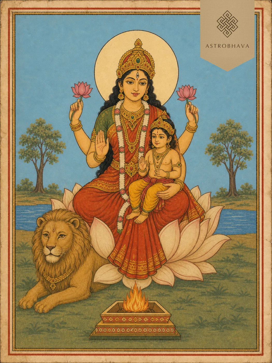 Skandamata Homa for progeny blessings: four-armed Goddess Skandamata holding infant Skanda on a lotus throne