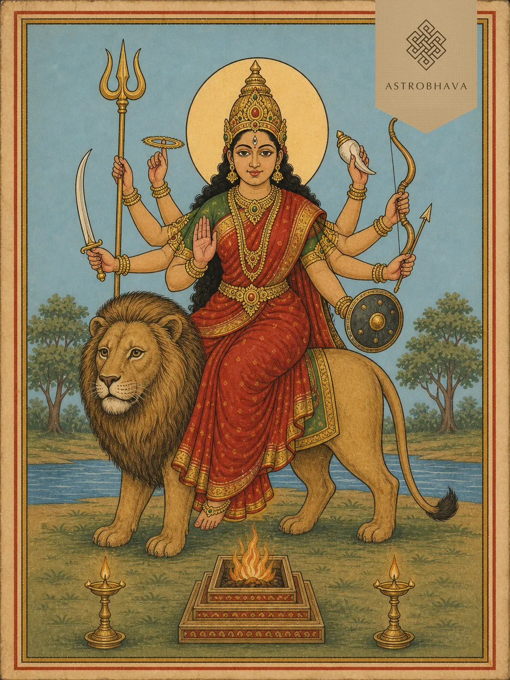 Vintage devotional illustration of eight-armed Goddess Soolini Durga with trident and traditional weapons seated on one lion above a Homa altar