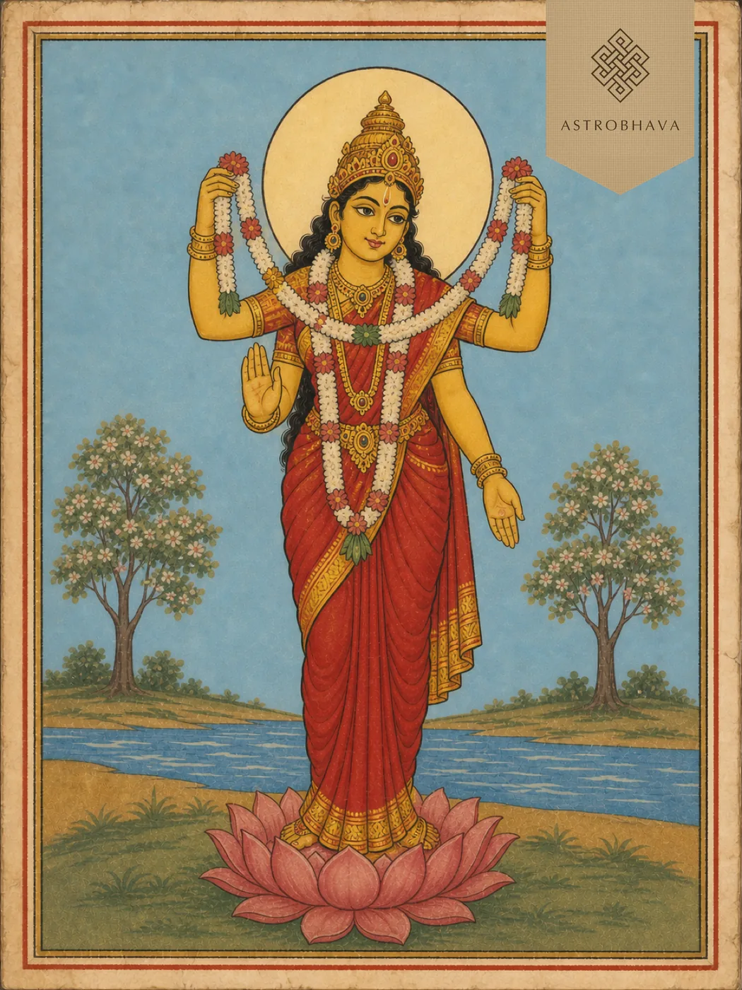 Vintage devotional illustration of four-armed Goddess Swayamvara Kala Parvathi holding a wedding garland