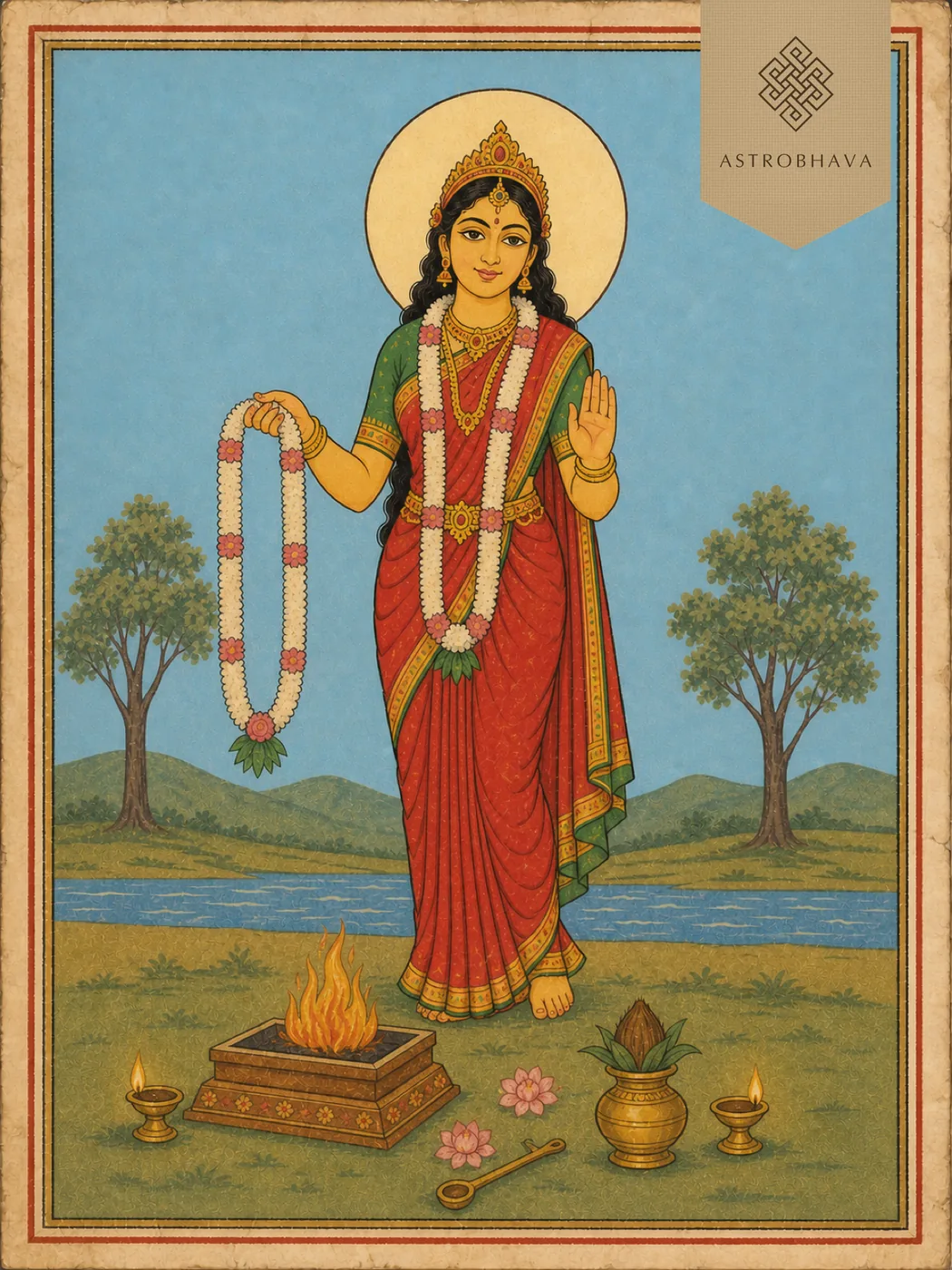Swayamvara Kala Parvathi Homa for finding a life partner: Goddess Parvati holding a wedding garland
