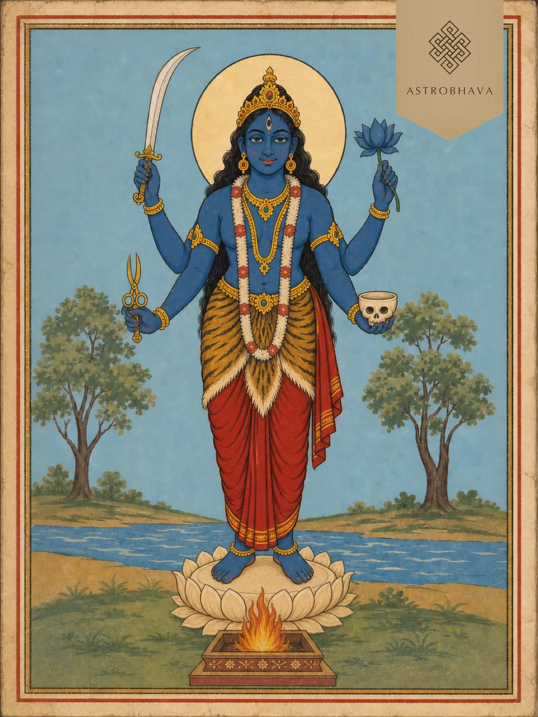 Tara Homa for exam success, focus and memory: blue Goddess Tara with sword, blue lotus and kapala cup